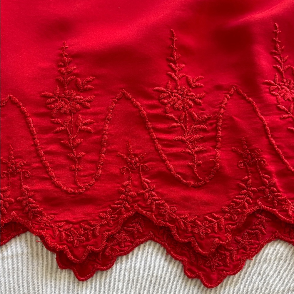 THE GREAT. Vibrant Red Silk Embroidered Floral Design Peasant Short Sleeve Top - Picture 6 of 12